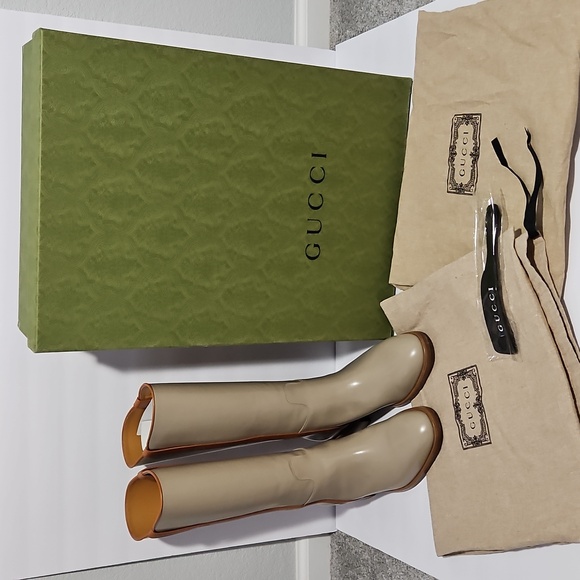 Gucci Shoes - Gucci Women's Unisex Leather Mid-Calf Boot Beige/Tan 8 Shoe Horn Dust Bag Box